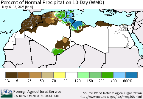 North Africa Percent of Normal Precipitation 10-Day (WMO) Thematic Map For 5/6/2023 - 5/15/2023