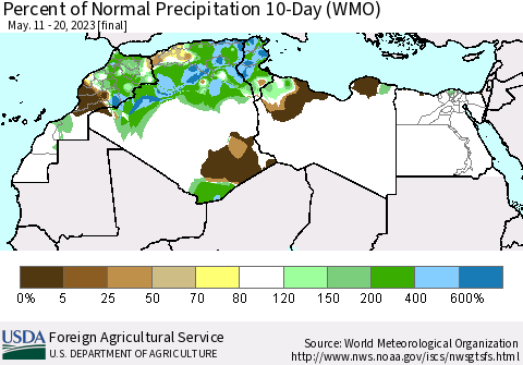 North Africa Percent of Normal Precipitation 10-Day (WMO) Thematic Map For 5/11/2023 - 5/20/2023