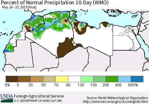 North Africa Percent of Normal Precipitation 10-Day (WMO) Thematic Map For 5/16/2023 - 5/25/2023