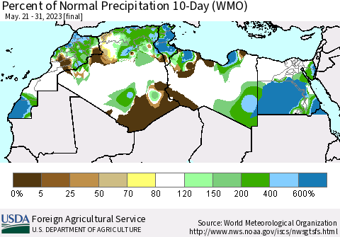 North Africa Percent of Normal Precipitation 10-Day (WMO) Thematic Map For 5/21/2023 - 5/31/2023