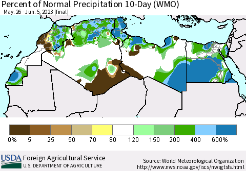 North Africa Percent of Normal Precipitation 10-Day (WMO) Thematic Map For 5/26/2023 - 6/5/2023