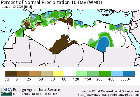 North Africa Percent of Normal Precipitation 10-Day (WMO) Thematic Map For 6/1/2023 - 6/10/2023