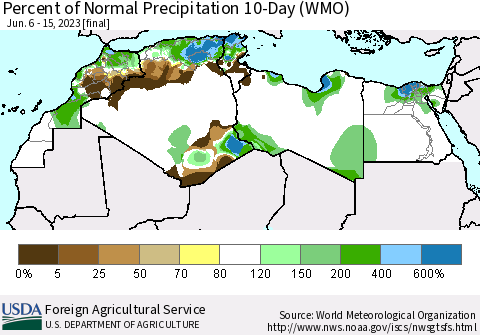 North Africa Percent of Normal Precipitation 10-Day (WMO) Thematic Map For 6/6/2023 - 6/15/2023