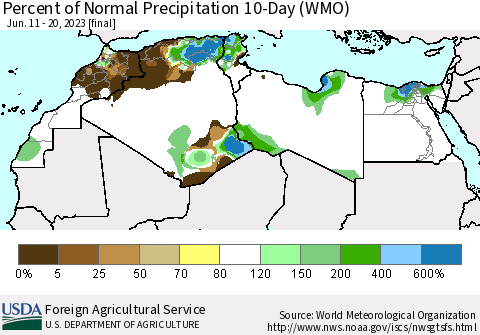 North Africa Percent of Normal Precipitation 10-Day (WMO) Thematic Map For 6/11/2023 - 6/20/2023