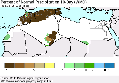 North Africa Percent of Normal Precipitation 10-Day (WMO) Thematic Map For 6/16/2023 - 6/25/2023