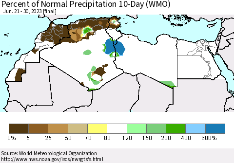 North Africa Percent of Normal Precipitation 10-Day (WMO) Thematic Map For 6/21/2023 - 6/30/2023