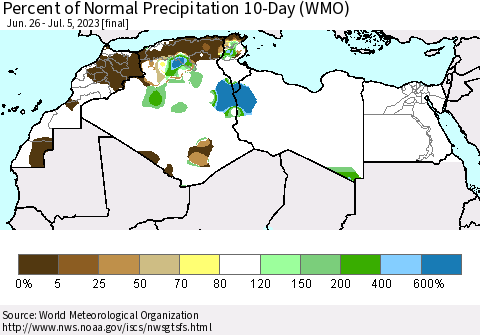 North Africa Percent of Normal Precipitation 10-Day (WMO) Thematic Map For 6/26/2023 - 7/5/2023