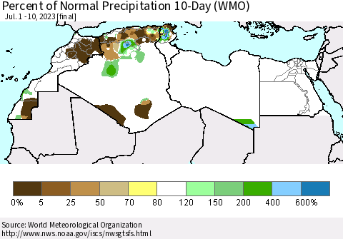 North Africa Percent of Normal Precipitation 10-Day (WMO) Thematic Map For 7/1/2023 - 7/10/2023