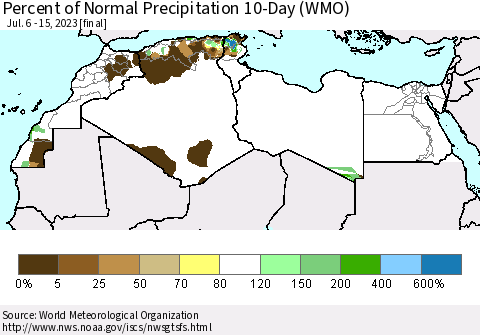 North Africa Percent of Normal Precipitation 10-Day (WMO) Thematic Map For 7/6/2023 - 7/15/2023
