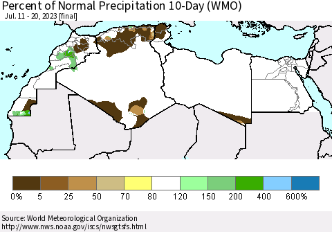 North Africa Percent of Normal Precipitation 10-Day (WMO) Thematic Map For 7/11/2023 - 7/20/2023