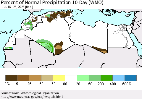 North Africa Percent of Normal Precipitation 10-Day (WMO) Thematic Map For 7/16/2023 - 7/25/2023