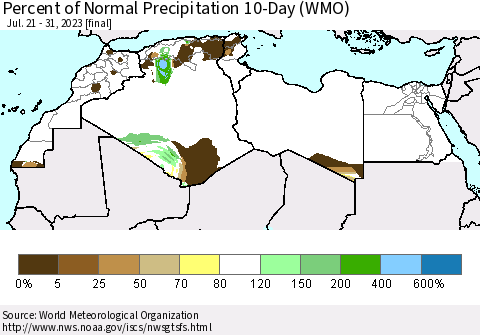 North Africa Percent of Normal Precipitation 10-Day (WMO) Thematic Map For 7/21/2023 - 7/31/2023