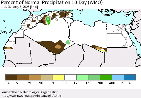 North Africa Percent of Normal Precipitation 10-Day (WMO) Thematic Map For 7/26/2023 - 8/5/2023