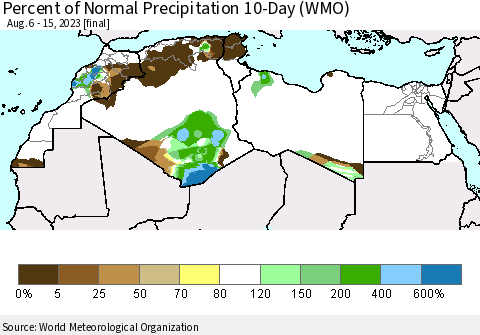North Africa Percent of Normal Precipitation 10-Day (WMO) Thematic Map For 8/6/2023 - 8/15/2023