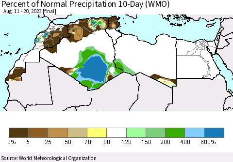 North Africa Percent of Normal Precipitation 10-Day (WMO) Thematic Map For 8/11/2023 - 8/20/2023