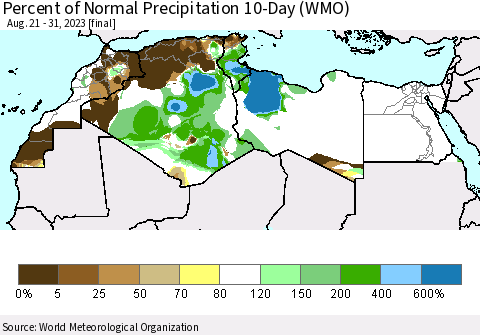 North Africa Percent of Normal Precipitation 10-Day (WMO) Thematic Map For 8/21/2023 - 8/31/2023