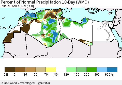 North Africa Percent of Normal Precipitation 10-Day (WMO) Thematic Map For 8/26/2023 - 9/5/2023