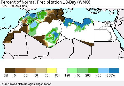 North Africa Percent of Normal Precipitation 10-Day (WMO) Thematic Map For 9/1/2023 - 9/10/2023