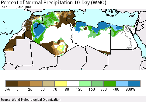 North Africa Percent of Normal Precipitation 10-Day (WMO) Thematic Map For 9/6/2023 - 9/15/2023