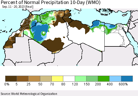 North Africa Percent of Normal Precipitation 10-Day (WMO) Thematic Map For 9/11/2023 - 9/20/2023