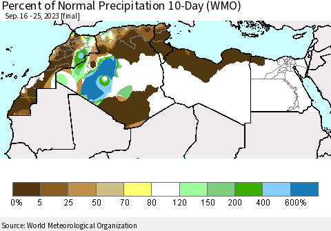 North Africa Percent of Normal Precipitation 10-Day (WMO) Thematic Map For 9/16/2023 - 9/25/2023