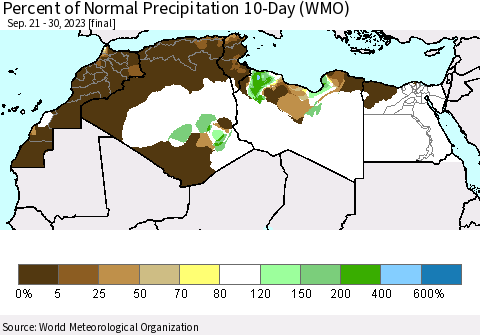 North Africa Percent of Normal Precipitation 10-Day (WMO) Thematic Map For 9/21/2023 - 9/30/2023