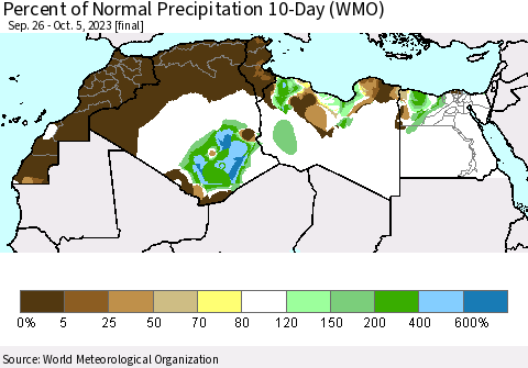 North Africa Percent of Normal Precipitation 10-Day (WMO) Thematic Map For 9/26/2023 - 10/5/2023