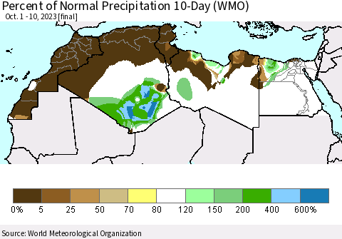 North Africa Percent of Normal Precipitation 10-Day (WMO) Thematic Map For 10/1/2023 - 10/10/2023