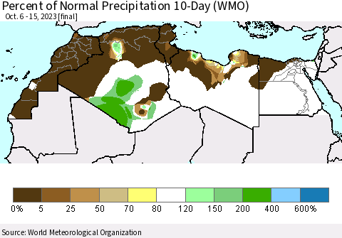North Africa Percent of Normal Precipitation 10-Day (WMO) Thematic Map For 10/6/2023 - 10/15/2023