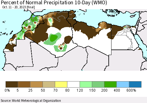 North Africa Percent of Normal Precipitation 10-Day (WMO) Thematic Map For 10/11/2023 - 10/20/2023