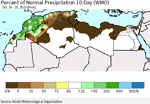 North Africa Percent of Normal Precipitation 10-Day (WMO) Thematic Map For 10/16/2023 - 10/25/2023