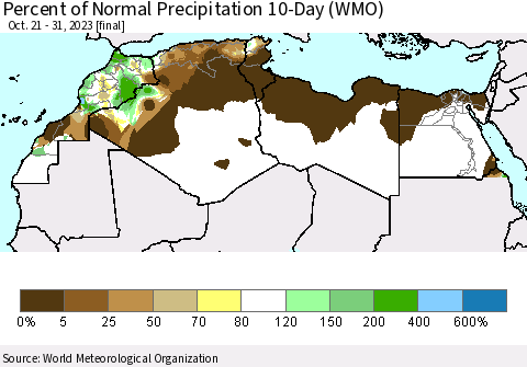 North Africa Percent of Normal Precipitation 10-Day (WMO) Thematic Map For 10/21/2023 - 10/31/2023