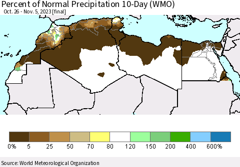 North Africa Percent of Normal Precipitation 10-Day (WMO) Thematic Map For 10/26/2023 - 11/5/2023