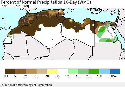 North Africa Percent of Normal Precipitation 10-Day (WMO) Thematic Map For 11/6/2023 - 11/15/2023