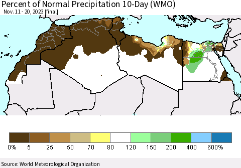 North Africa Percent of Normal Precipitation 10-Day (WMO) Thematic Map For 11/11/2023 - 11/20/2023