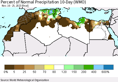 North Africa Percent of Normal Precipitation 10-Day (WMO) Thematic Map For 11/16/2023 - 11/25/2023
