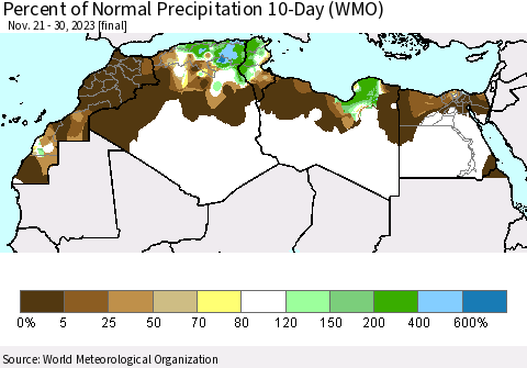 North Africa Percent of Normal Precipitation 10-Day (WMO) Thematic Map For 11/21/2023 - 11/30/2023