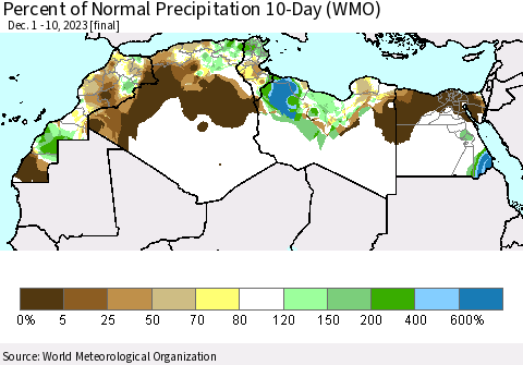North Africa Percent of Normal Precipitation 10-Day (WMO) Thematic Map For 12/1/2023 - 12/10/2023