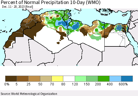 North Africa Percent of Normal Precipitation 10-Day (WMO) Thematic Map For 12/11/2023 - 12/20/2023