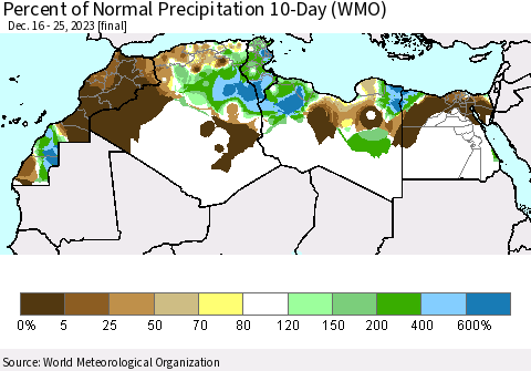 North Africa Percent of Normal Precipitation 10-Day (WMO) Thematic Map For 12/16/2023 - 12/25/2023