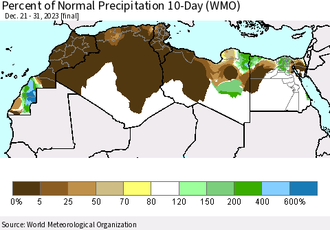 North Africa Percent of Normal Precipitation 10-Day (WMO) Thematic Map For 12/21/2023 - 12/31/2023