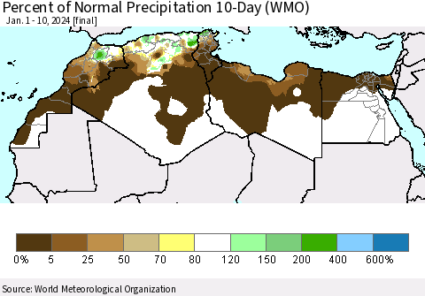 North Africa Percent of Normal Precipitation 10-Day (WMO) Thematic Map For 1/1/2024 - 1/10/2024