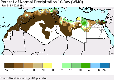 North Africa Percent of Normal Precipitation 10-Day (WMO) Thematic Map For 1/6/2024 - 1/15/2024