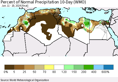North Africa Percent of Normal Precipitation 10-Day (WMO) Thematic Map For 1/11/2024 - 1/20/2024