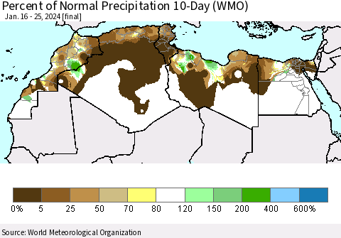 North Africa Percent of Normal Precipitation 10-Day (WMO) Thematic Map For 1/16/2024 - 1/25/2024
