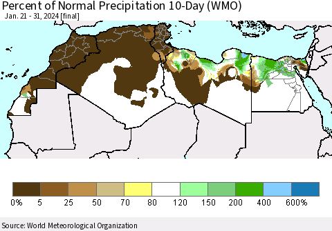 North Africa Percent of Normal Precipitation 10-Day (WMO) Thematic Map For 1/21/2024 - 1/31/2024