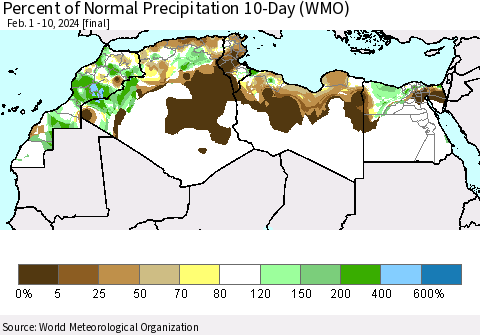 North Africa Percent of Normal Precipitation 10-Day (WMO) Thematic Map For 2/1/2024 - 2/10/2024