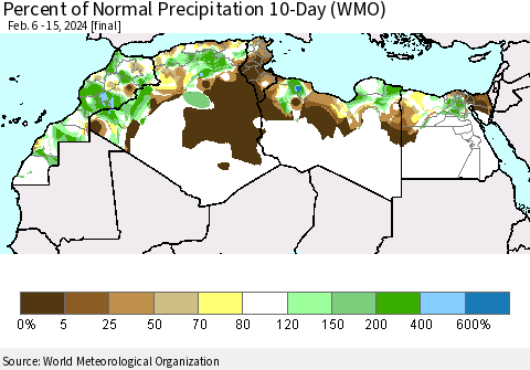 North Africa Percent of Normal Precipitation 10-Day (WMO) Thematic Map For 2/6/2024 - 2/15/2024