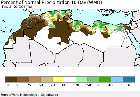 North Africa Percent of Normal Precipitation 10-Day (WMO) Thematic Map For 2/11/2024 - 2/20/2024