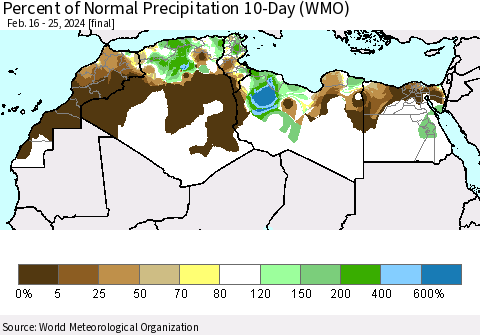 North Africa Percent of Normal Precipitation 10-Day (WMO) Thematic Map For 2/16/2024 - 2/25/2024